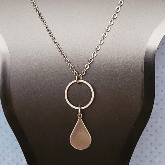 TEARDROP Circle Stainless Steel Charm Chain Necklace 18" Minimalist - Picture 3 of 11